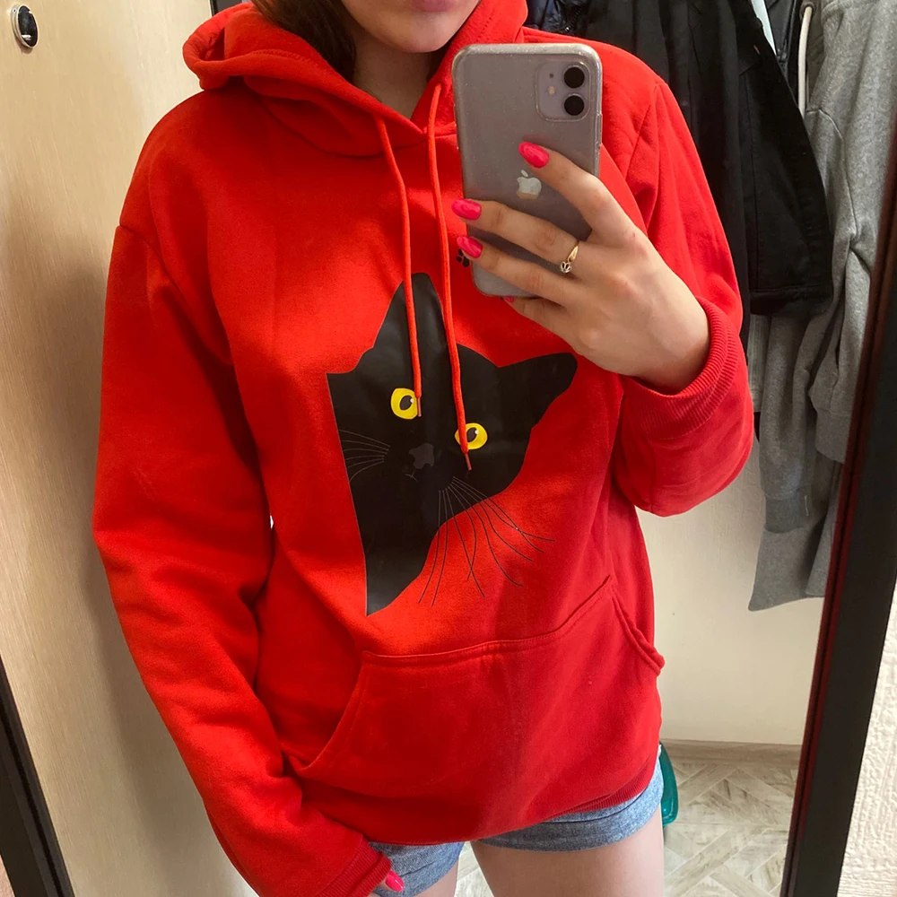 Hoody Big Black Cat Personality Print Hoodie Womens Streetwear Warm Hoodies For Girls Fashion Winter Women Sweatshirt And Hoodie