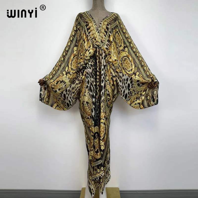 Sexy bech high-quality hand-rolled feel silk rayon fashion print 2021 WINYI Maxi women's robes long beach V-neck Bohemian dress