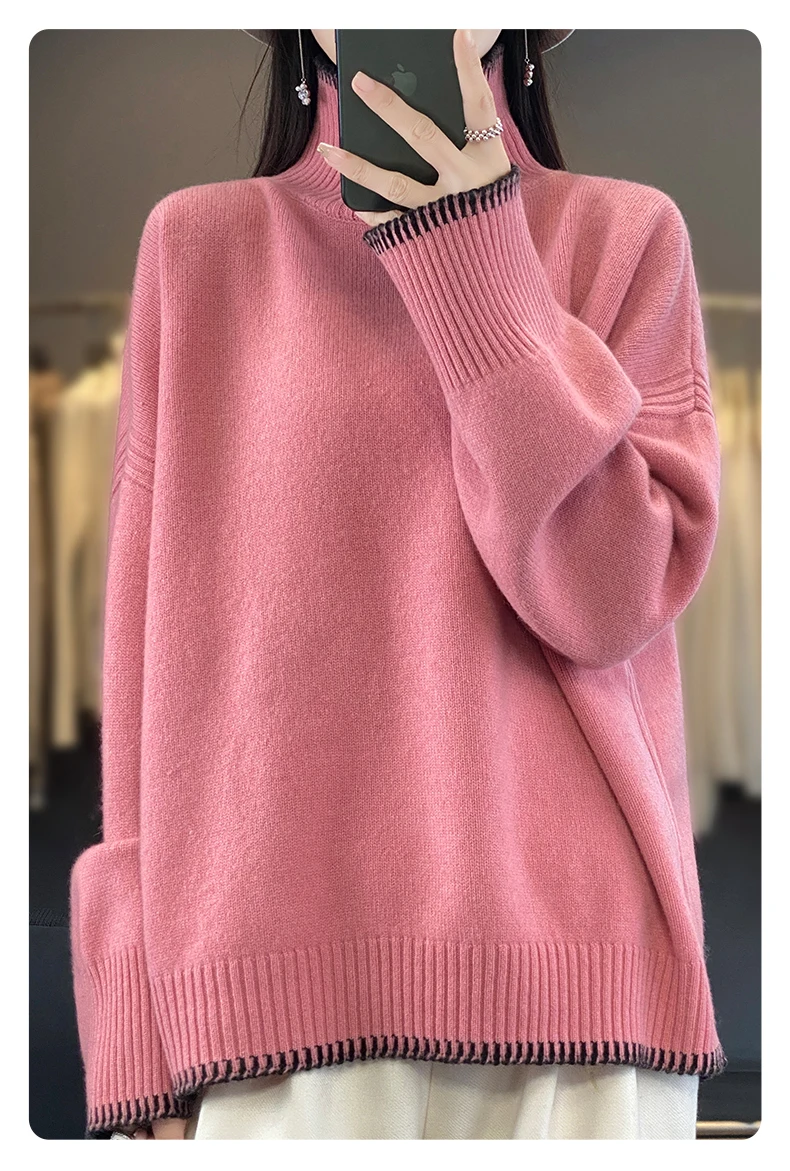 100% Pure Wool Sweater Women's 2025 Autumn and Winter New High Neck Pullover Fashionable Loose Plus Size Warm Knit Top
