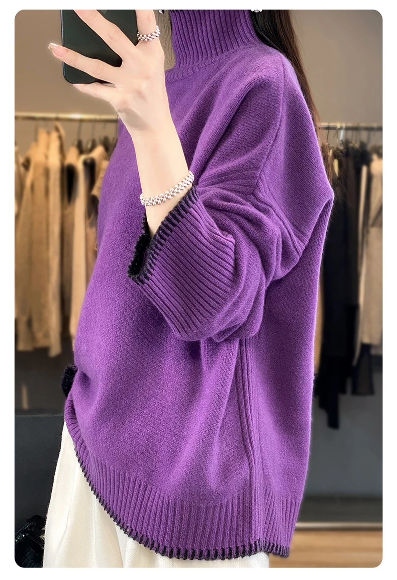 100% Pure Wool Sweater Women's 2025 Autumn and Winter New High Neck Pullover Fashionable Loose Plus Size Warm Knit Top