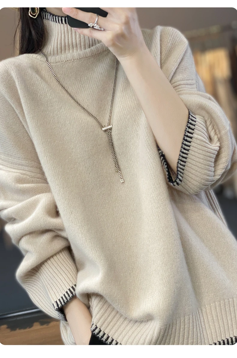 100% Pure Wool Sweater Women's 2025 Autumn and Winter New High Neck Pullover Fashionable Loose Plus Size Warm Knit Top