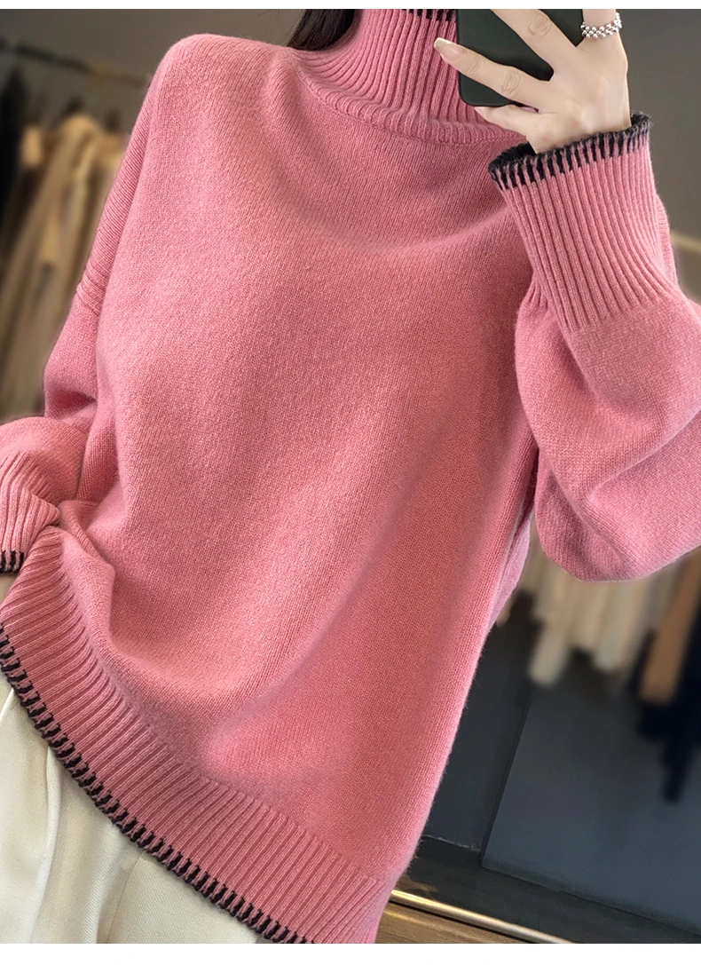 100% Pure Wool Sweater Women's 2025 Autumn and Winter New High Neck Pullover Fashionable Loose Plus Size Warm Knit Top