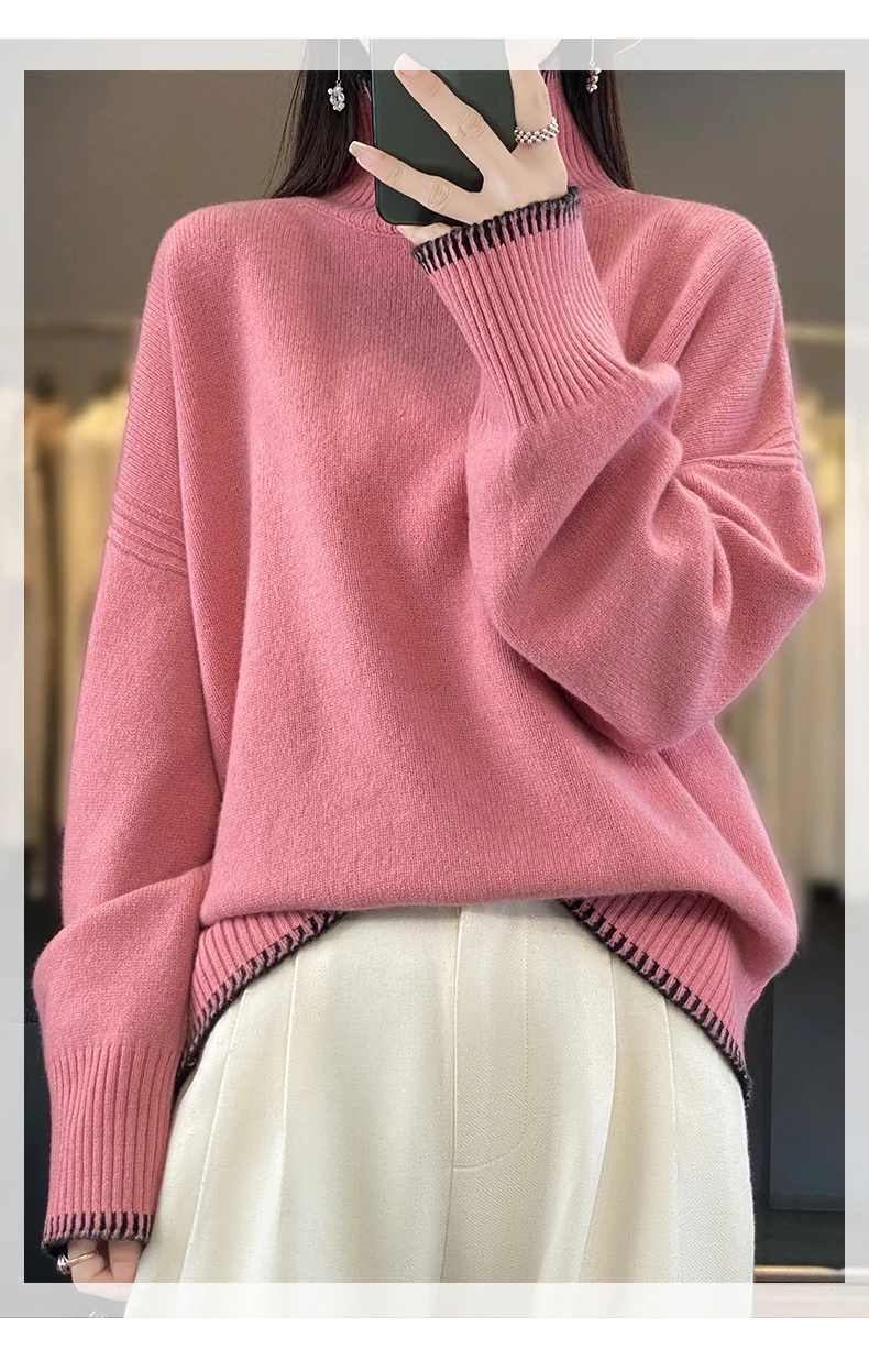 100% Pure Wool Sweater Women's 2025 Autumn and Winter New High Neck Pullover Fashionable Loose Plus Size Warm Knit Top