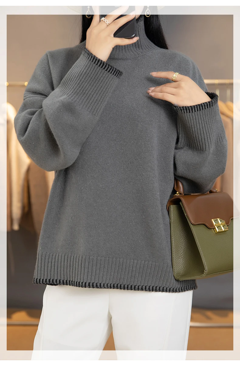 100% Pure Wool Sweater Women's 2025 Autumn and Winter New High Neck Pullover Fashionable Loose Plus Size Warm Knit Top