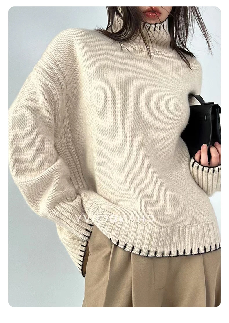 100% Pure Wool Sweater Women's 2025 Autumn and Winter New High Neck Pullover Fashionable Loose Plus Size Warm Knit Top