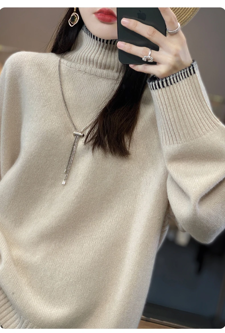 100% Pure Wool Sweater Women's 2025 Autumn and Winter New High Neck Pullover Fashionable Loose Plus Size Warm Knit Top