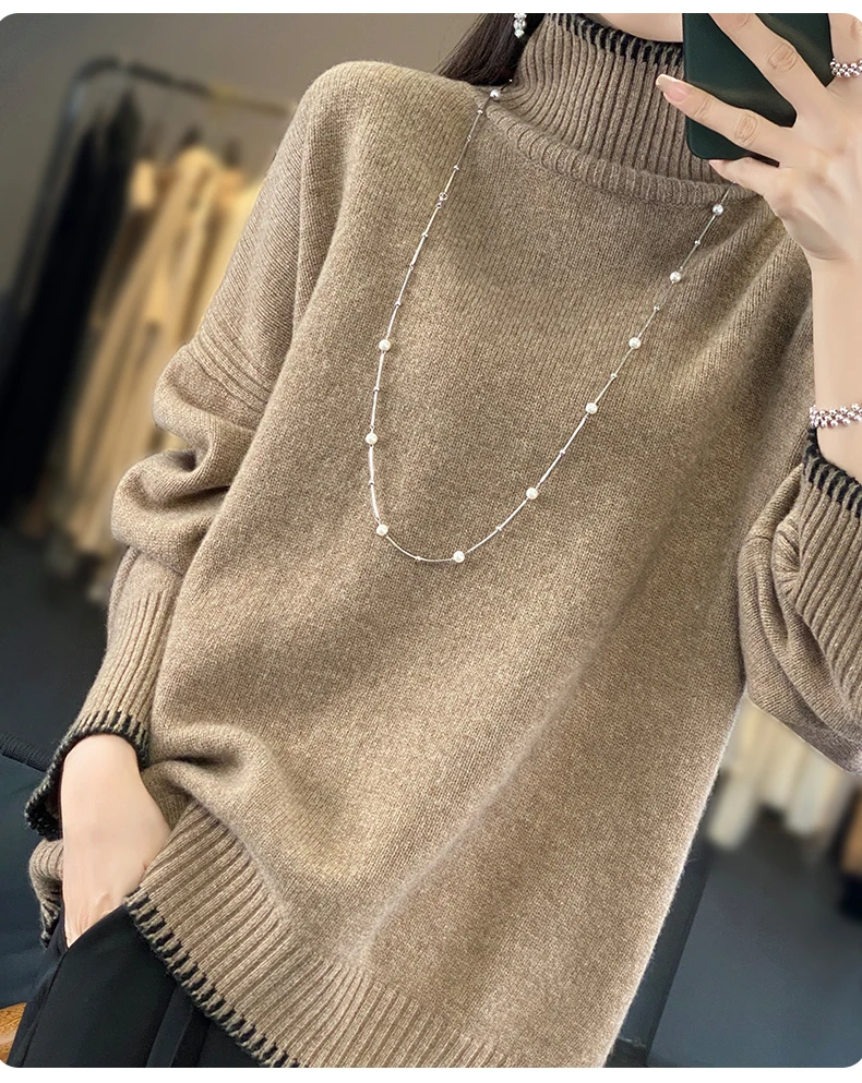 100% Pure Wool Sweater Women's 2025 Autumn and Winter New High Neck Pullover Fashionable Loose Plus Size Warm Knit Top