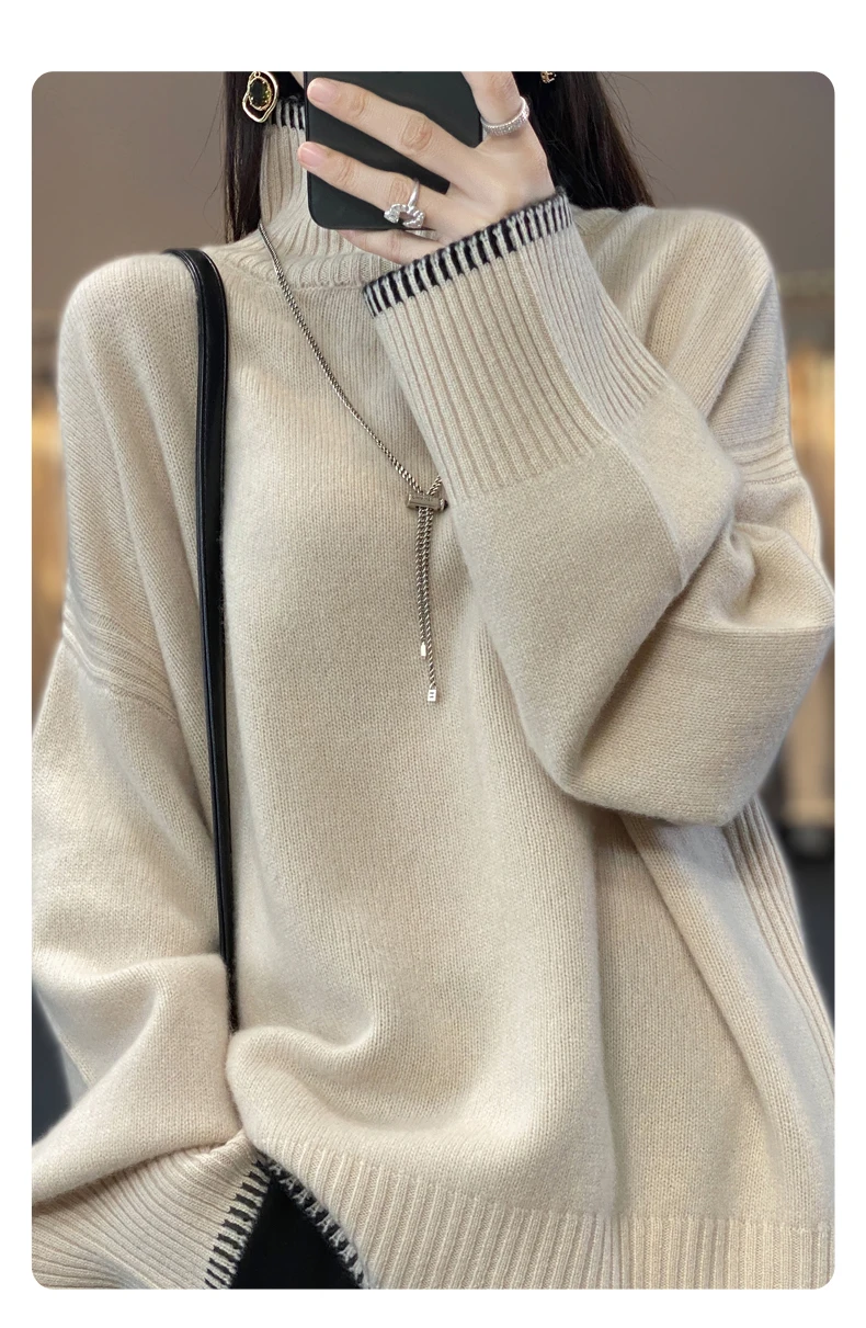 100% Pure Wool Sweater Women's 2025 Autumn and Winter New High Neck Pullover Fashionable Loose Plus Size Warm Knit Top