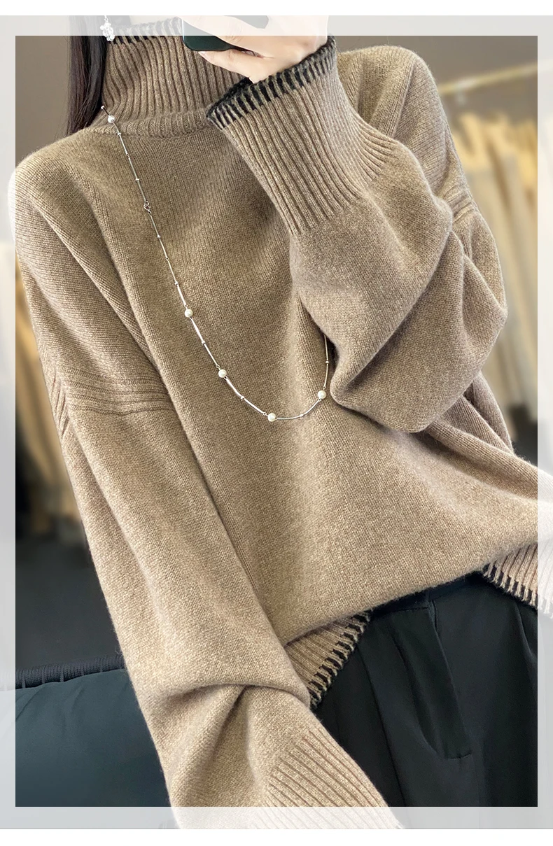 100% Pure Wool Sweater Women's 2025 Autumn and Winter New High Neck Pullover Fashionable Loose Plus Size Warm Knit Top