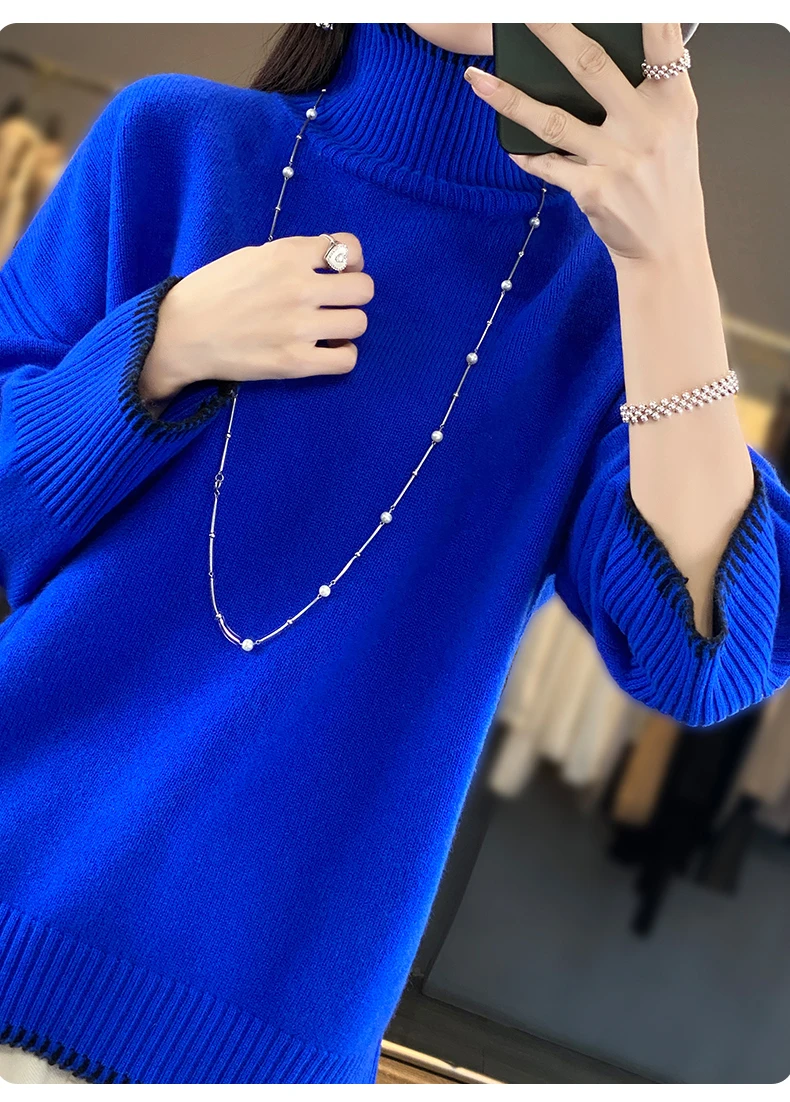 100% Pure Wool Sweater Women's 2025 Autumn and Winter New High Neck Pullover Fashionable Loose Plus Size Warm Knit Top