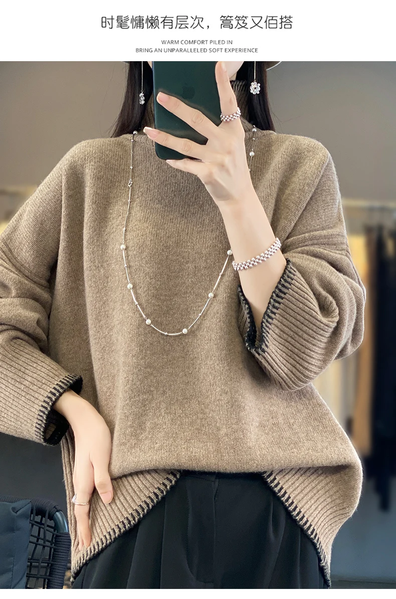100% Pure Wool Sweater Women's 2025 Autumn and Winter New High Neck Pullover Fashionable Loose Plus Size Warm Knit Top