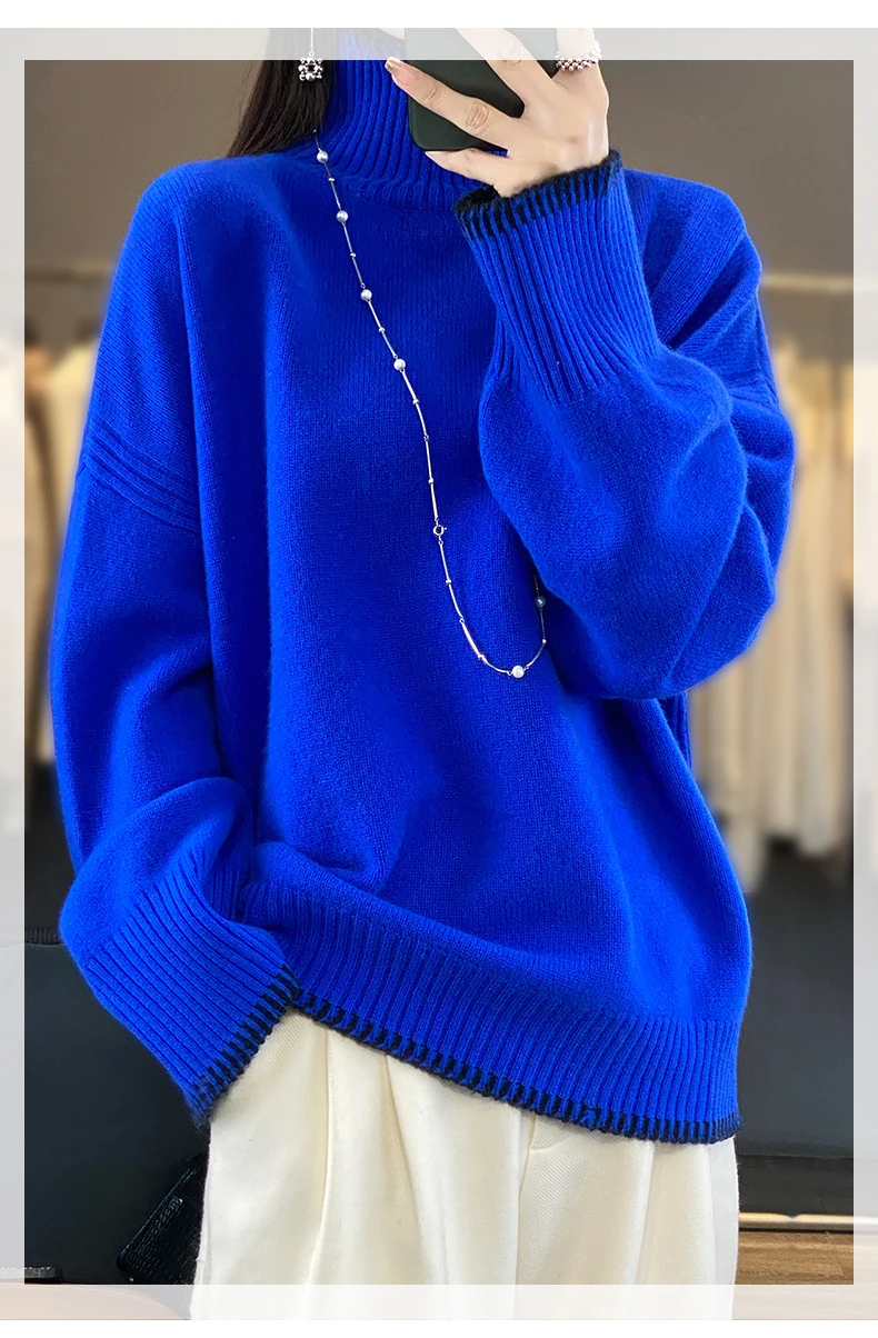 100% Pure Wool Sweater Women's 2025 Autumn and Winter New High Neck Pullover Fashionable Loose Plus Size Warm Knit Top