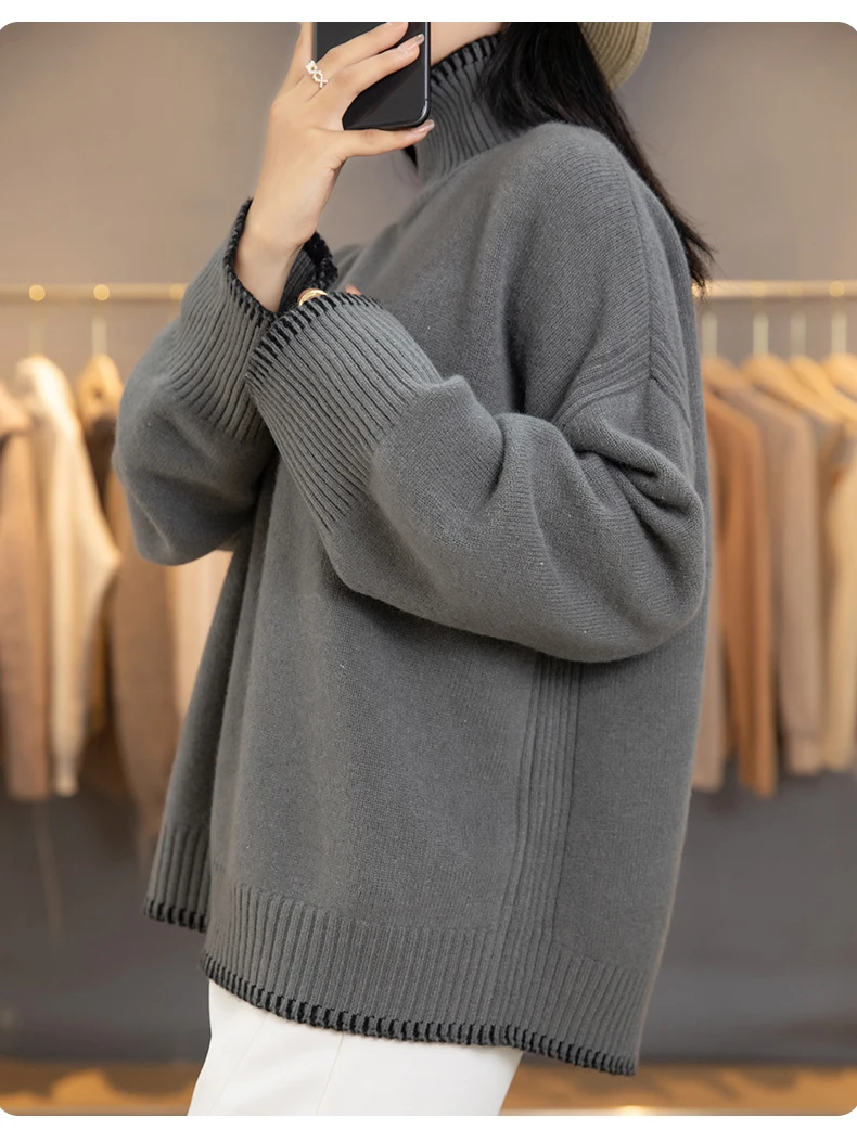 100% Pure Wool Sweater Women's 2025 Autumn and Winter New High Neck Pullover Fashionable Loose Plus Size Warm Knit Top