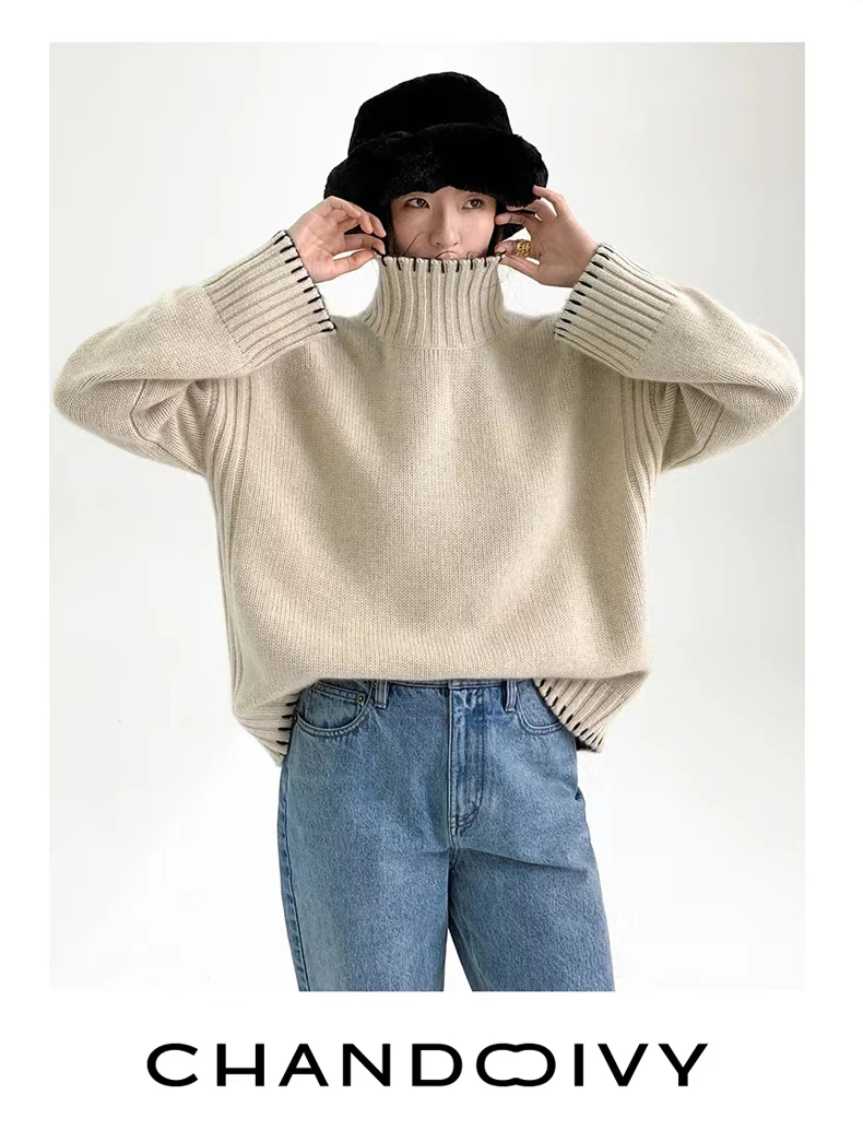 100% Pure Wool Sweater Women's 2025 Autumn and Winter New High Neck Pullover Fashionable Loose Plus Size Warm Knit Top