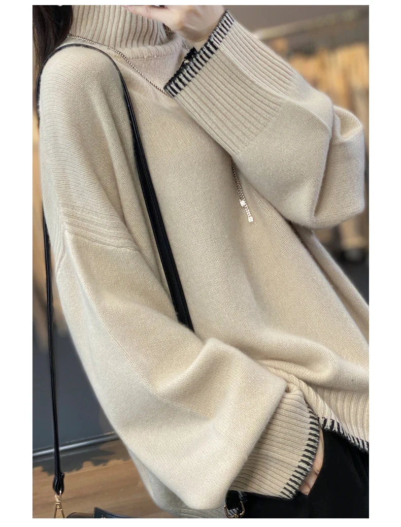 100% Pure Wool Sweater Women's 2025 Autumn and Winter New High Neck Pullover Fashionable Loose Plus Size Warm Knit Top