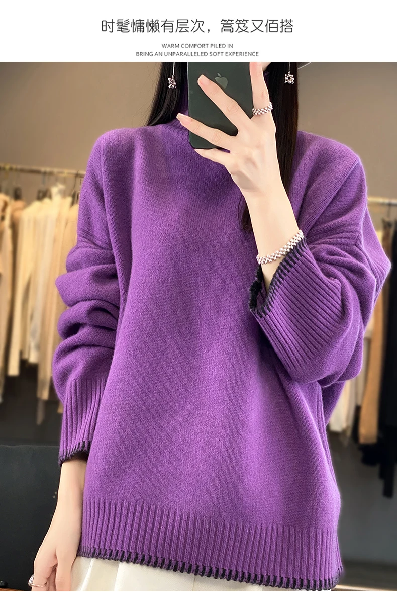 100% Pure Wool Sweater Women's 2025 Autumn and Winter New High Neck Pullover Fashionable Loose Plus Size Warm Knit Top