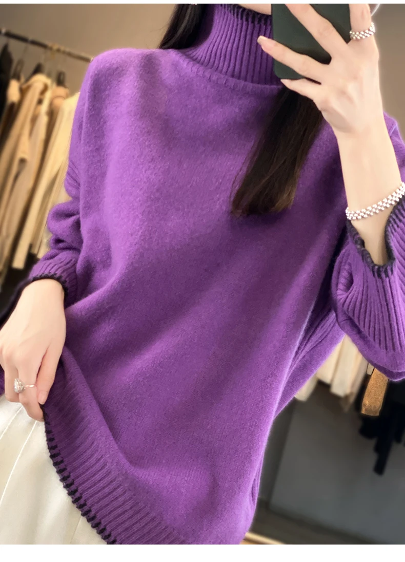 100% Pure Wool Sweater Women's 2025 Autumn and Winter New High Neck Pullover Fashionable Loose Plus Size Warm Knit Top