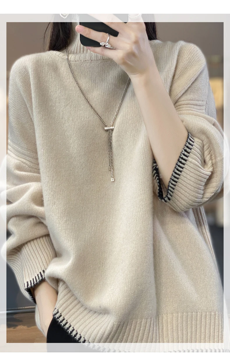 100% Pure Wool Sweater Women's 2025 Autumn and Winter New High Neck Pullover Fashionable Loose Plus Size Warm Knit Top