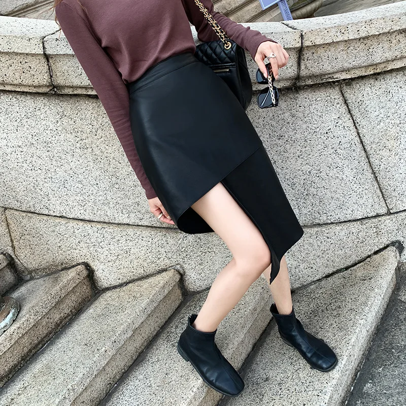 Genuine Leather Sheepskin High Waisted Irregular Skirt 2023 New Women Clothing Slim A-line Wrap Buttocks Leather Skirt Clothing