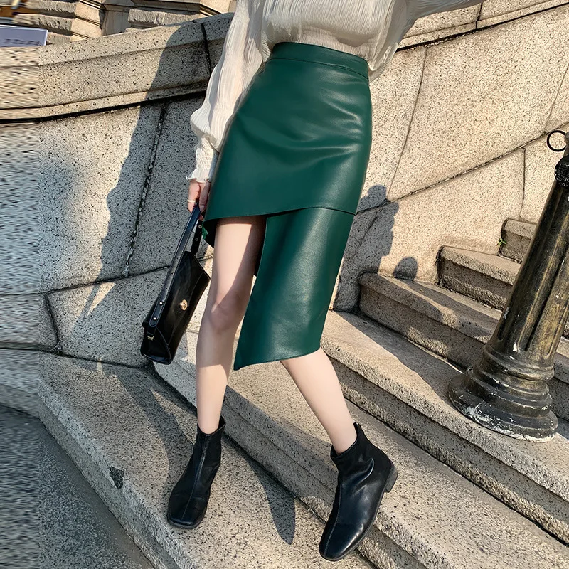 Genuine Leather Sheepskin High Waisted Irregular Skirt 2023 New Women Clothing Slim A-line Wrap Buttocks Leather Skirt Clothing