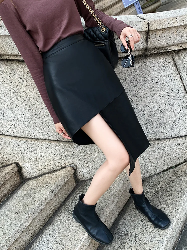 Genuine Leather Sheepskin High Waisted Irregular Skirt 2023 New Women Clothing Slim A-line Wrap Buttocks Leather Skirt Clothing