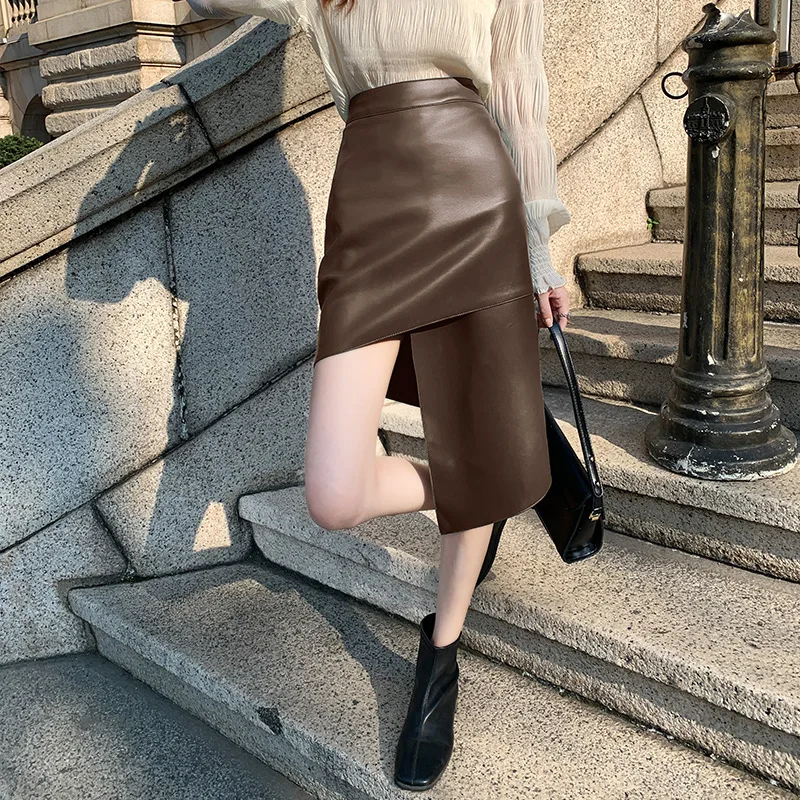Genuine Leather Sheepskin High Waisted Irregular Skirt 2023 New Women Clothing Slim A-line Wrap Buttocks Leather Skirt Clothing