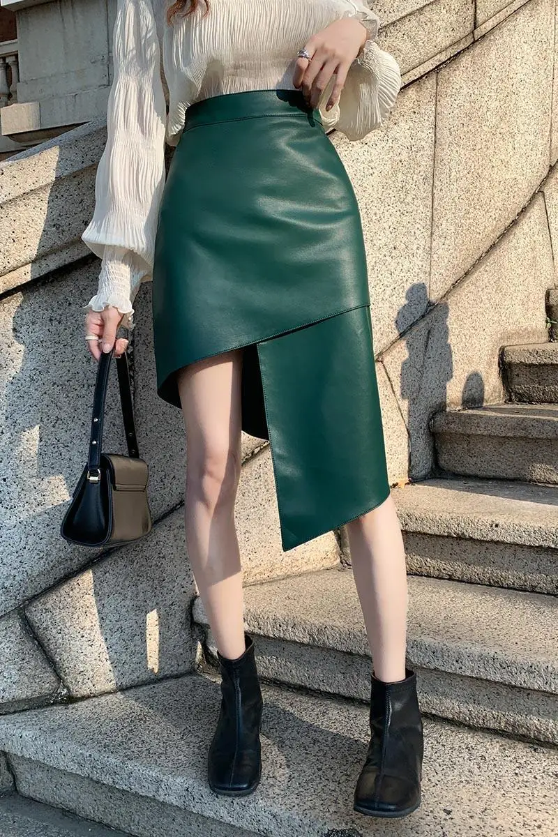 Genuine Leather Sheepskin High Waisted Irregular Skirt 2023 New Women Clothing Slim A-line Wrap Buttocks Leather Skirt Clothing