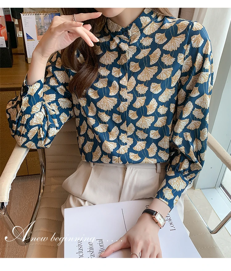 France style Women Blouses ginkgo printed ladies shirts Spring Autumn Long Sleeve Shirts Tops Blusas Mujer