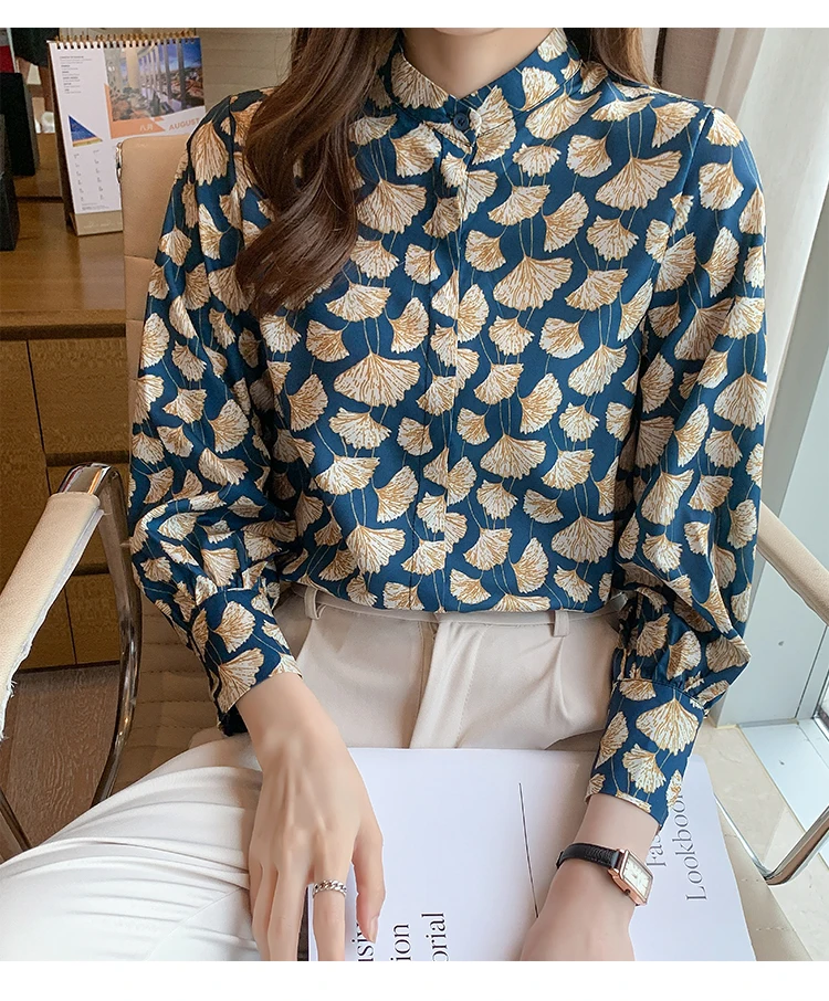 France style Women Blouses ginkgo printed ladies shirts Spring Autumn Long Sleeve Shirts Tops Blusas Mujer