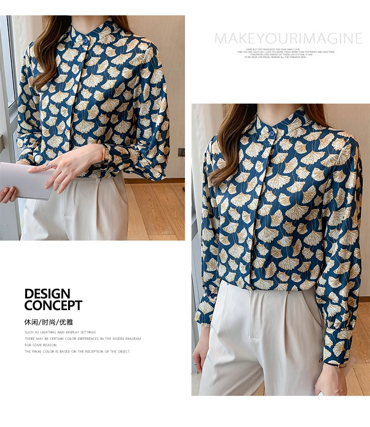 France style Women Blouses ginkgo printed ladies shirts Spring Autumn Long Sleeve Shirts Tops Blusas Mujer
