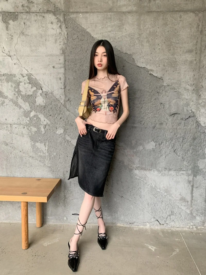 CHEERART Butterfly Frill Mesh Top Graphic T Shirt For Women Y2k Fashion Crop Top Designer Tee Summer Tops Clothes