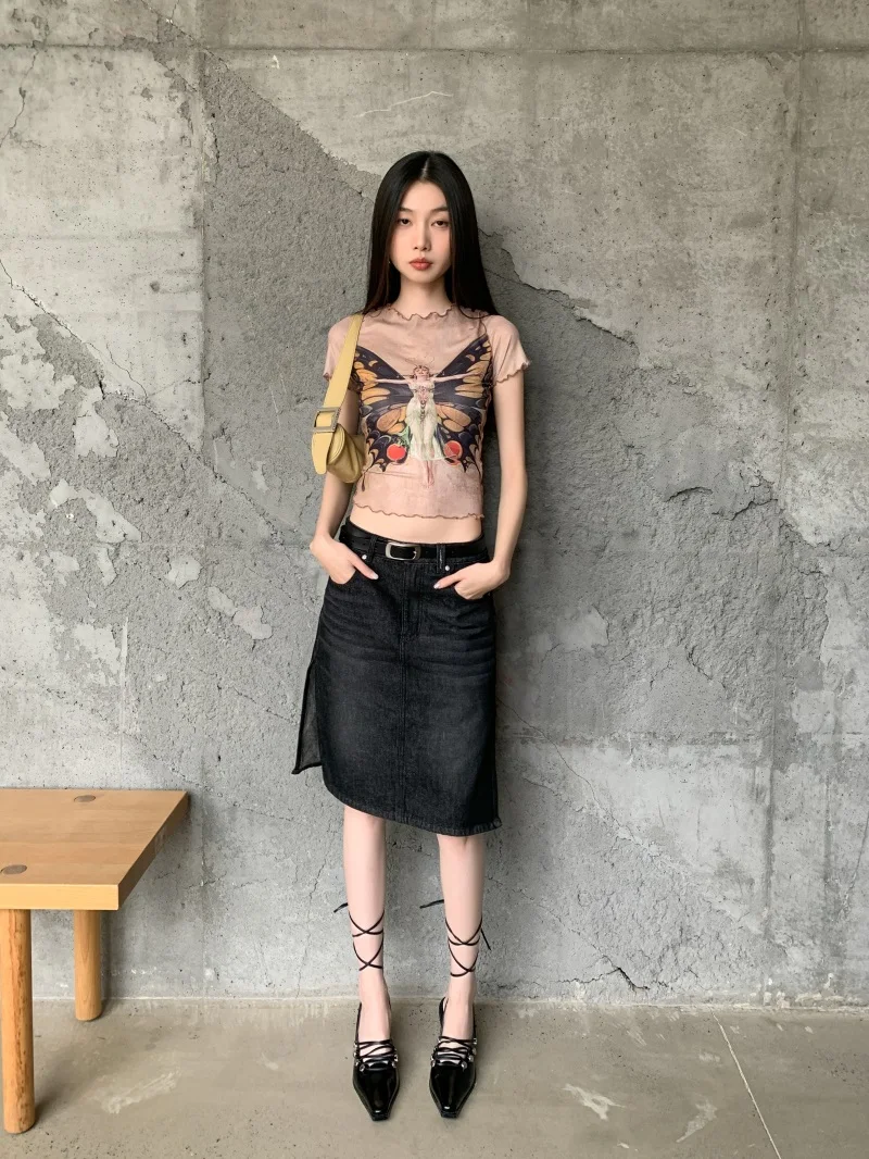 CHEERART Butterfly Frill Mesh Top Graphic T Shirt For Women Y2k Fashion Crop Top Designer Tee Summer Tops Clothes