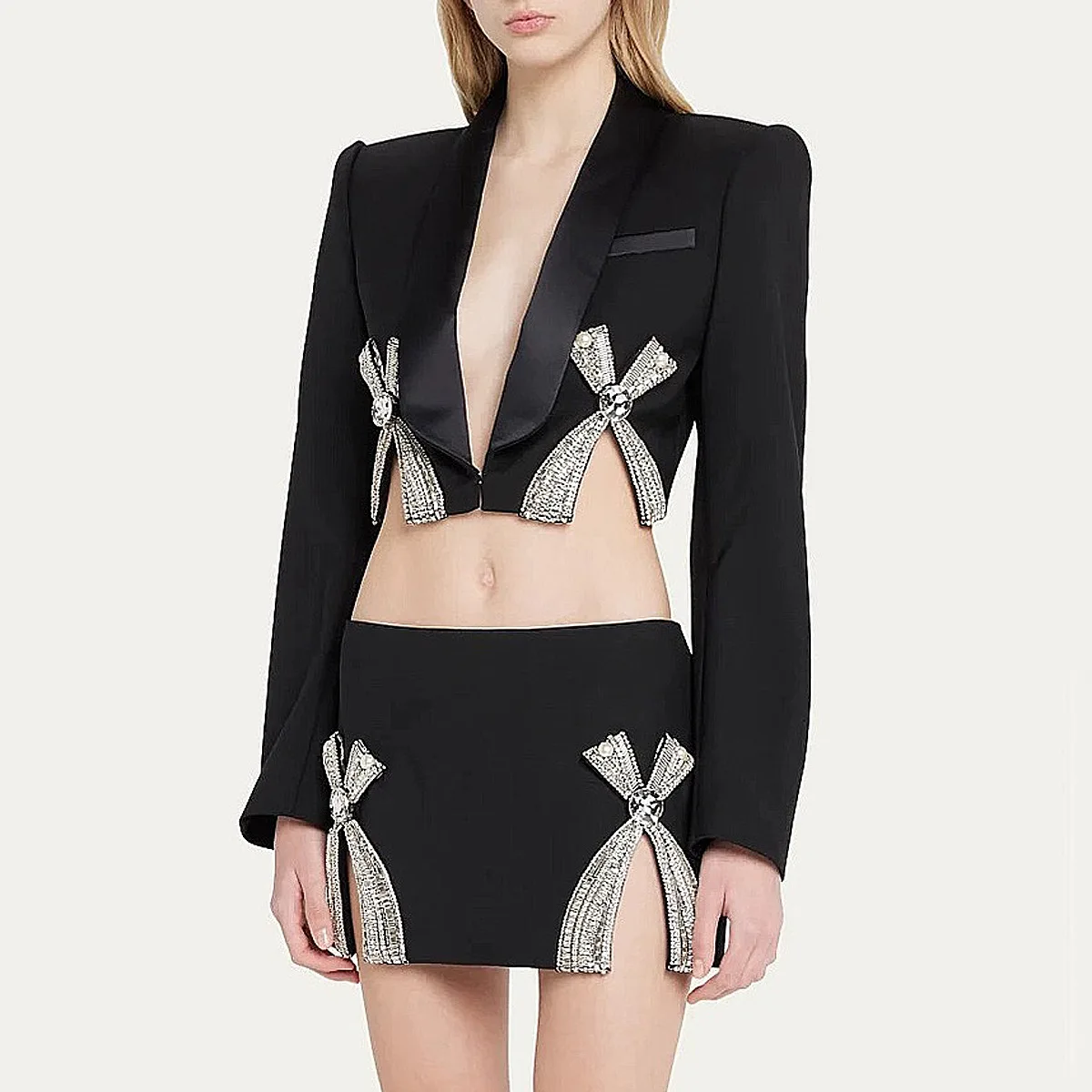 HIGH STREET Newest 2026 Designer Runway Suit Set Women's Luxurious Diamonds Beaded Short Blazer Skirt Suit