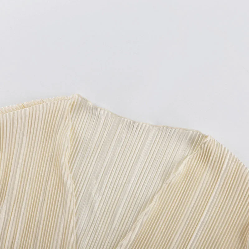 2025 Women Pleated Plain Shirts Spring Fall Chic Long Flare Sleeve V- Neck Tie Up Cardigans Tops for Casual Party Street