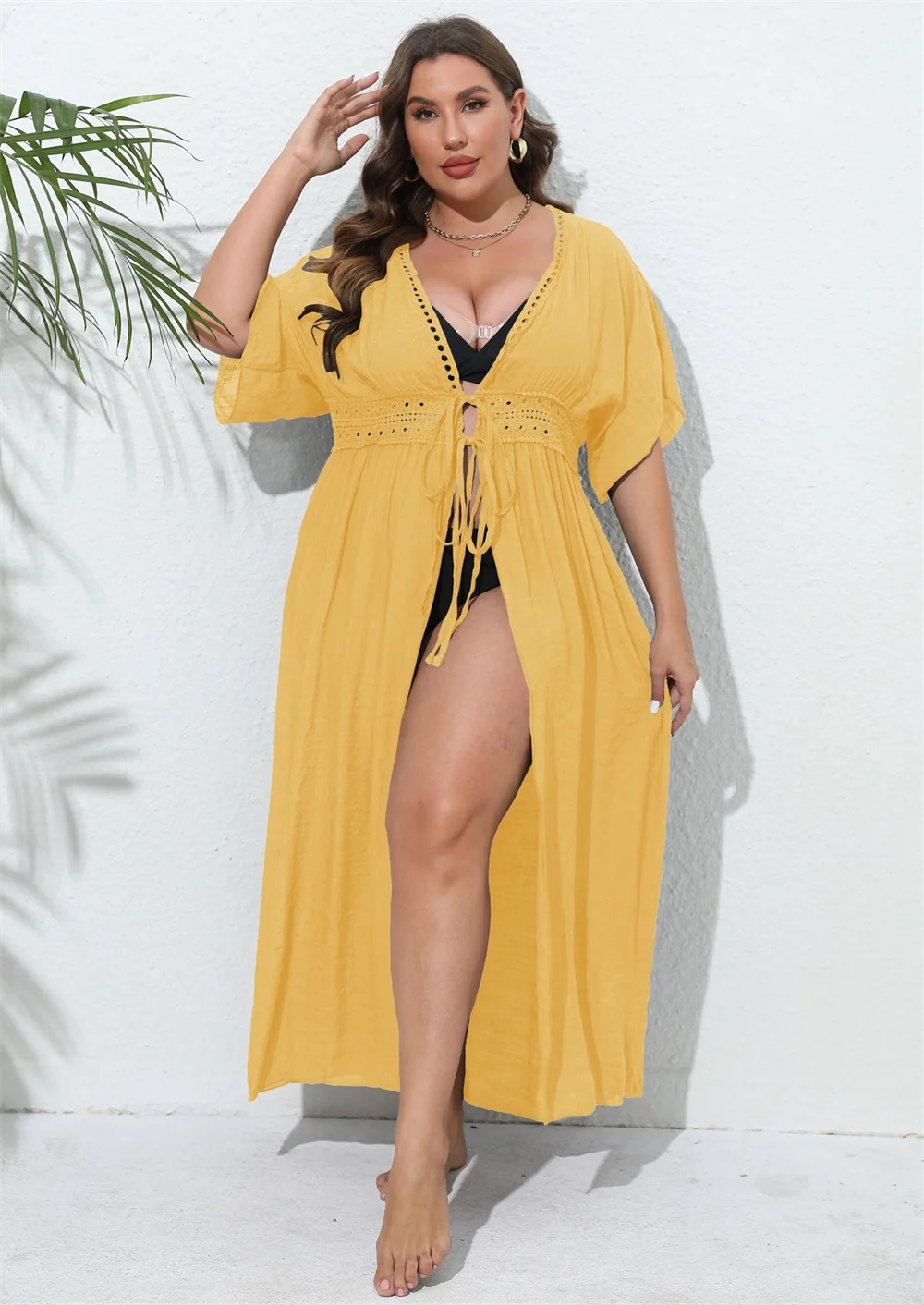 GIBSIE Plus Size Women Swimsuit Cover Up Solid Tie Front Kimono Beachwear Sun Protection Clothing Long Tunic Bikini Cover-ups