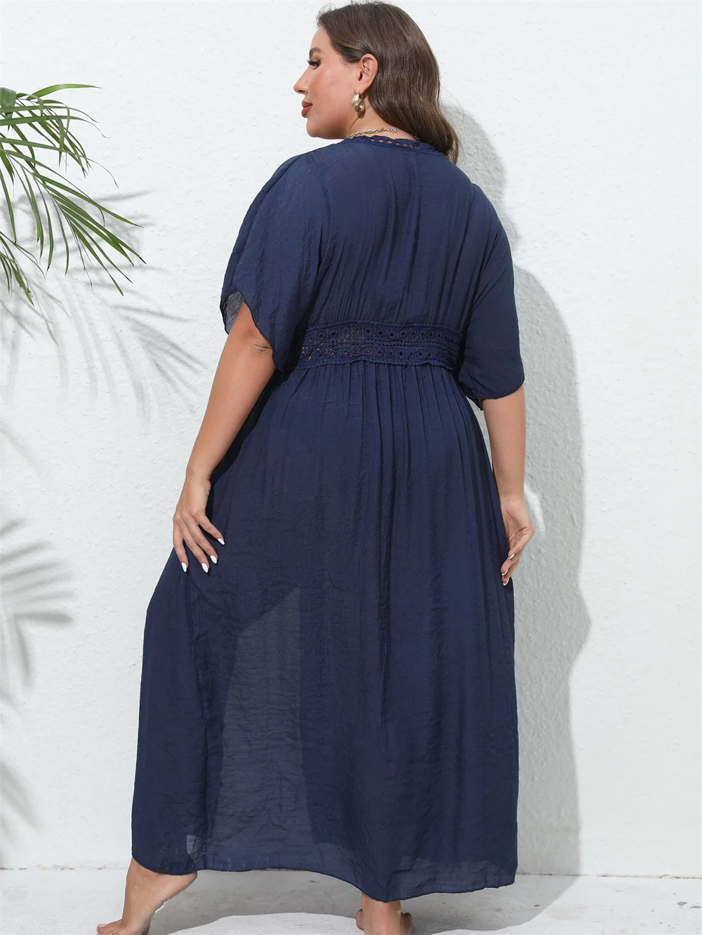 GIBSIE Plus Size Women Swimsuit Cover Up Solid Tie Front Kimono Beachwear Sun Protection Clothing Long Tunic Bikini Cover-ups