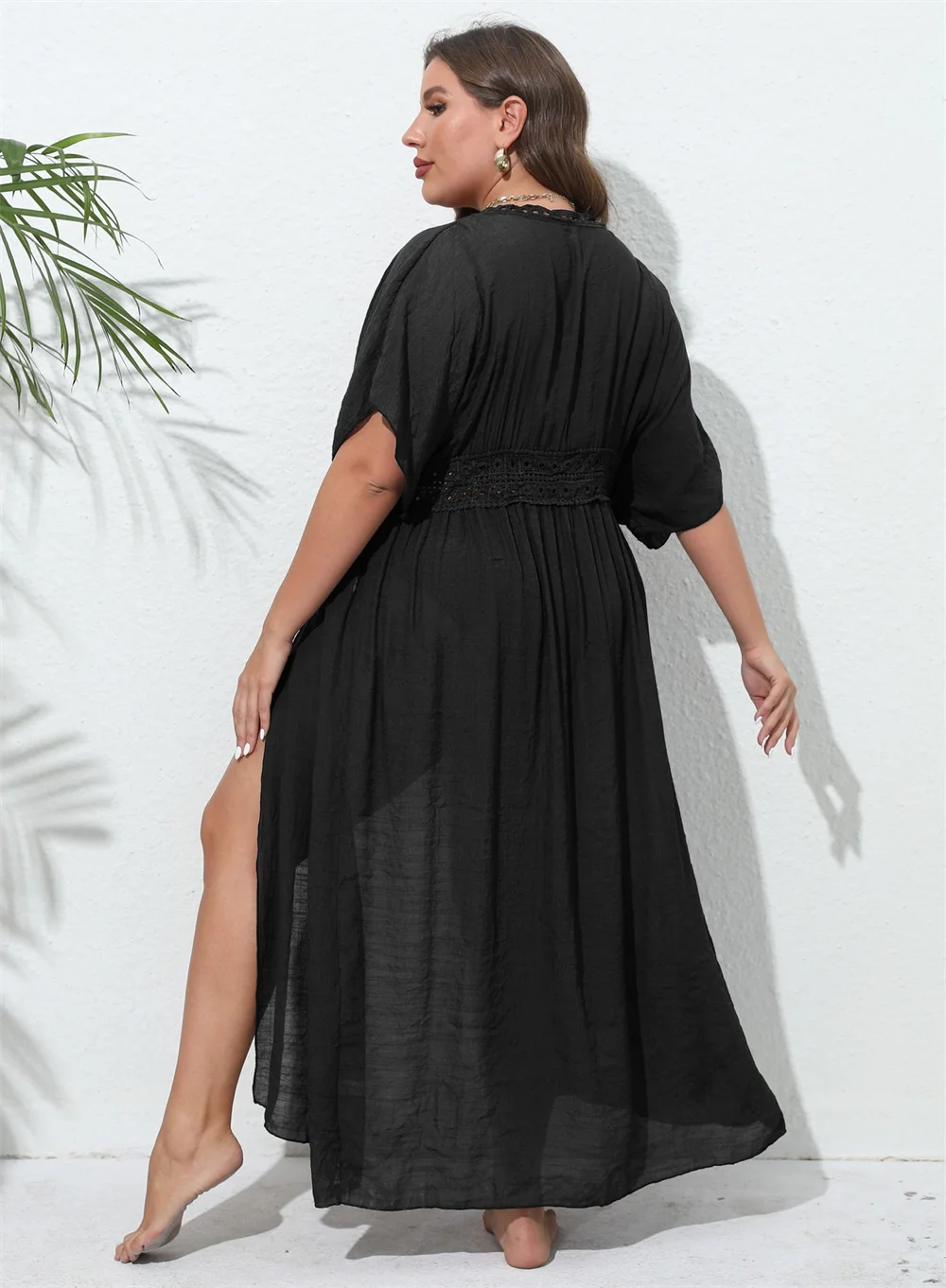 GIBSIE Plus Size Women Swimsuit Cover Up Solid Tie Front Kimono Beachwear Sun Protection Clothing Long Tunic Bikini Cover-ups