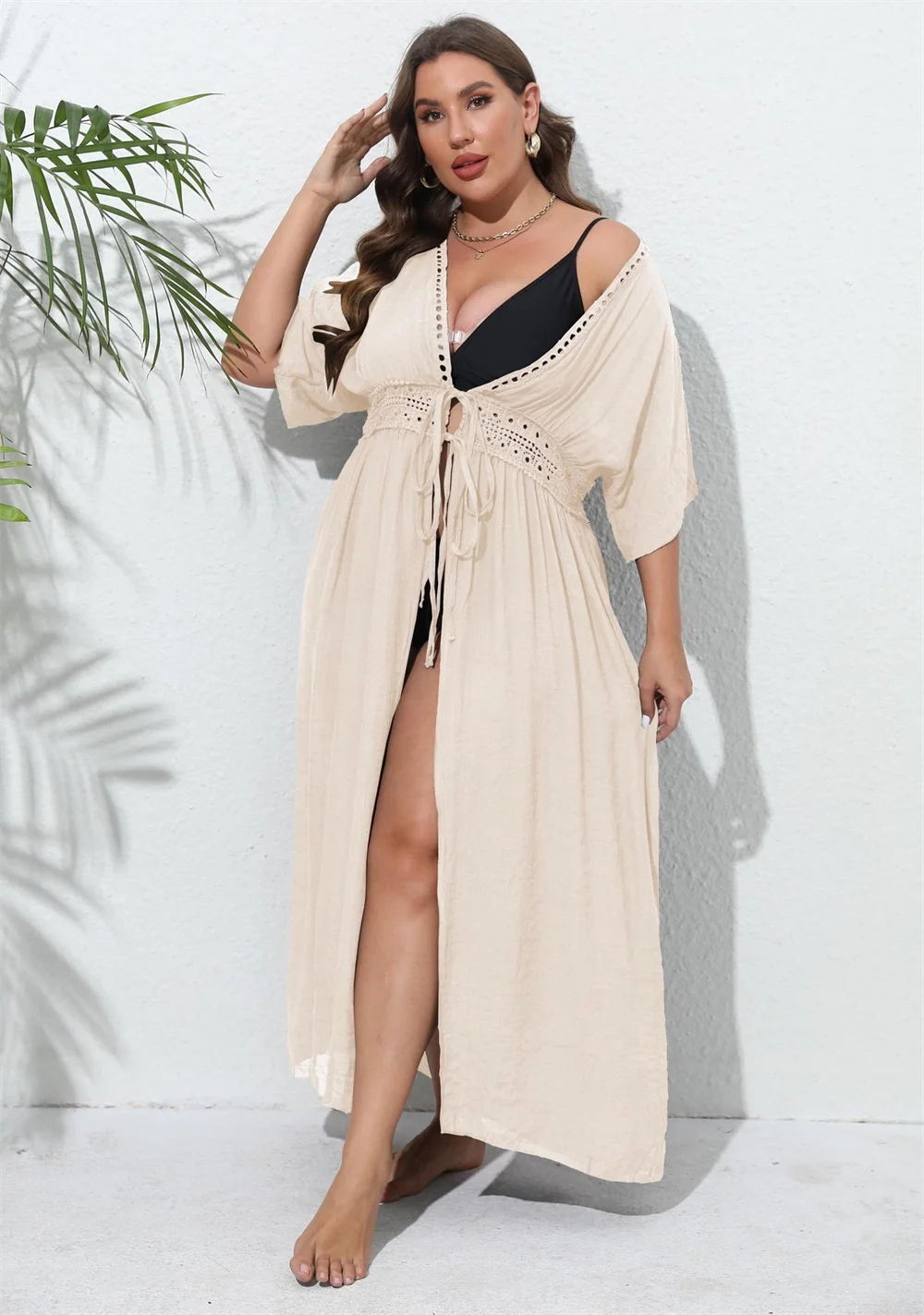 GIBSIE Plus Size Women Swimsuit Cover Up Solid Tie Front Kimono Beachwear Sun Protection Clothing Long Tunic Bikini Cover-ups