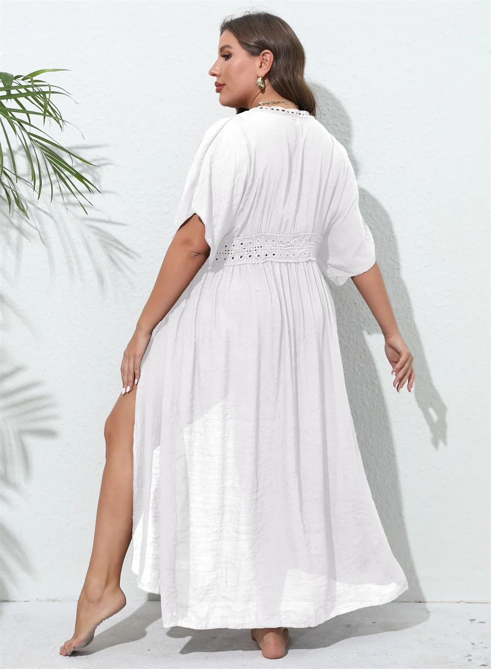 GIBSIE Plus Size Women Swimsuit Cover Up Solid Tie Front Kimono Beachwear Sun Protection Clothing Long Tunic Bikini Cover-ups