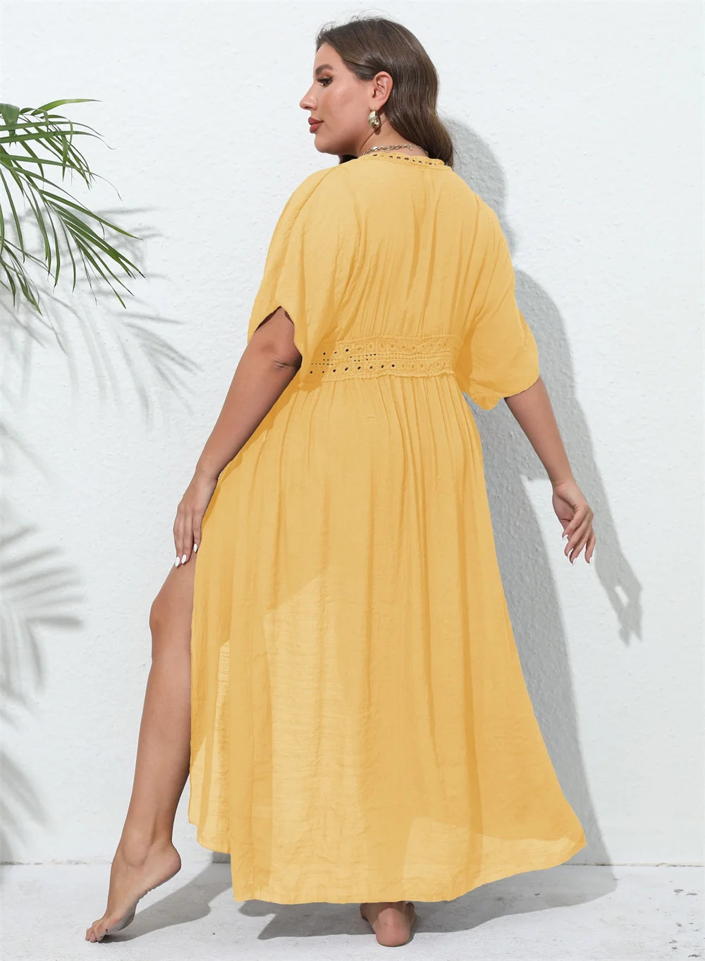 GIBSIE Plus Size Women Swimsuit Cover Up Solid Tie Front Kimono Beachwear Sun Protection Clothing Long Tunic Bikini Cover-ups