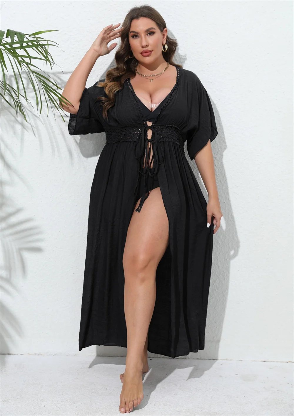 GIBSIE Plus Size Women Swimsuit Cover Up Solid Tie Front Kimono Beachwear Sun Protection Clothing Long Tunic Bikini Cover-ups