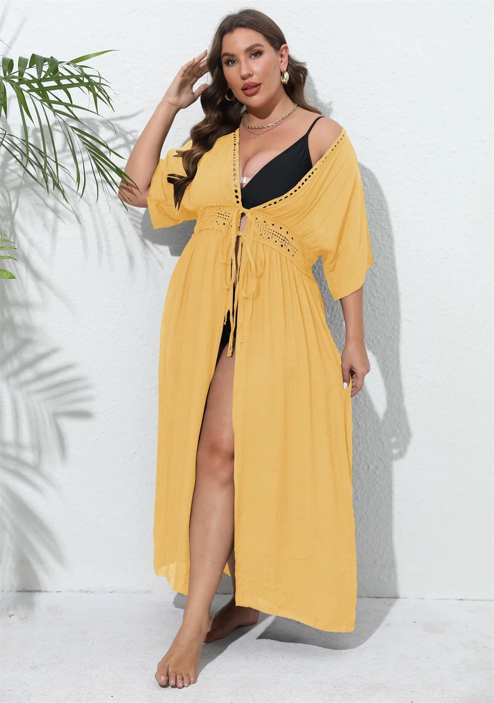 GIBSIE Plus Size Women Swimsuit Cover Up Solid Tie Front Kimono Beachwear Sun Protection Clothing Long Tunic Bikini Cover-ups