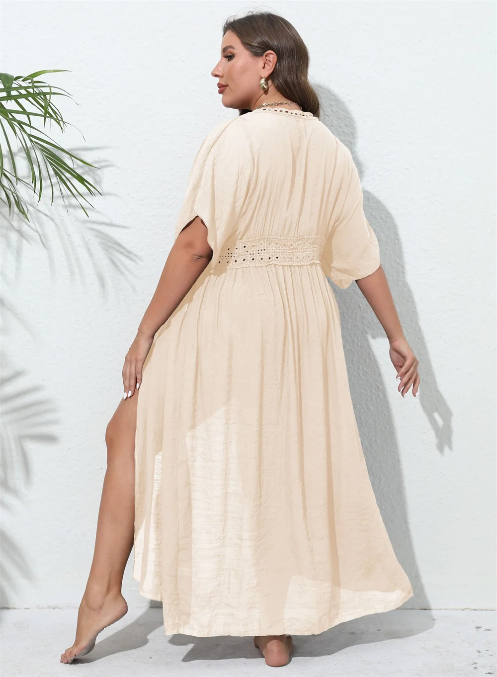 GIBSIE Plus Size Women Swimsuit Cover Up Solid Tie Front Kimono Beachwear Sun Protection Clothing Long Tunic Bikini Cover-ups