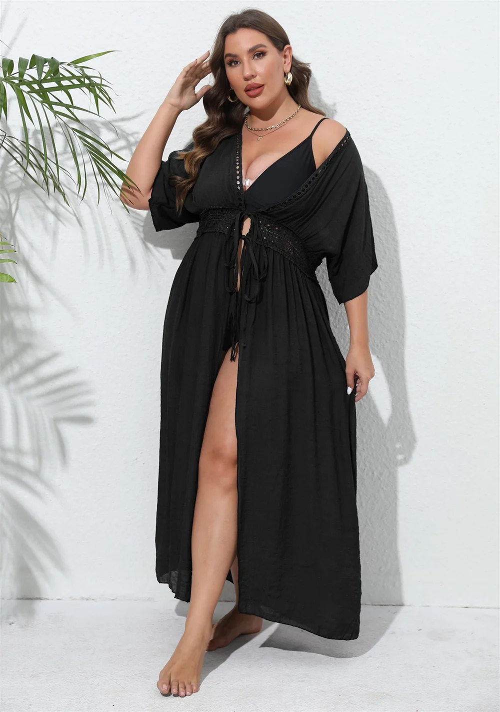 GIBSIE Plus Size Women Swimsuit Cover Up Solid Tie Front Kimono Beachwear Sun Protection Clothing Long Tunic Bikini Cover-ups
