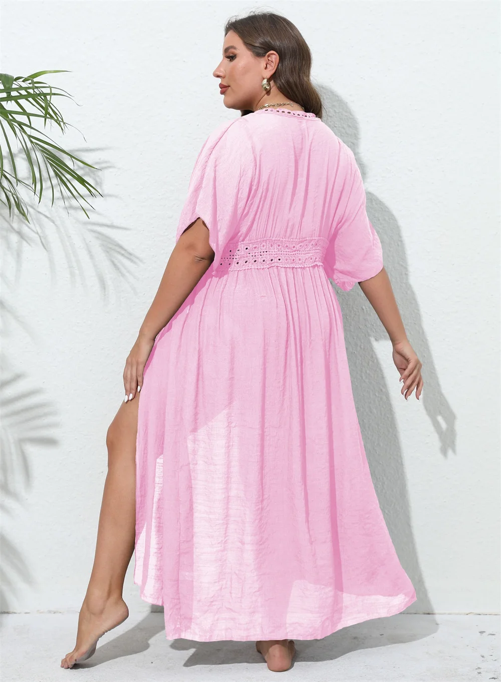 GIBSIE Plus Size Women Swimsuit Cover Up Solid Tie Front Kimono Beachwear Sun Protection Clothing Long Tunic Bikini Cover-ups
