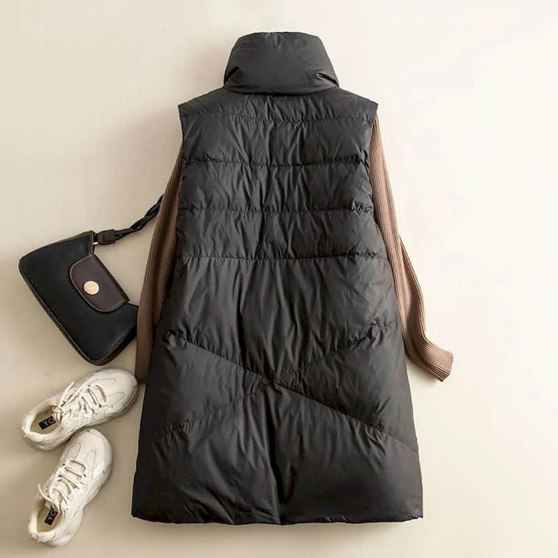Waistcoats for Women Stand Collar Vests Casual Cotton Added Cardigans Korean Style Loose Mid Length Quilted Jacket Women Tops