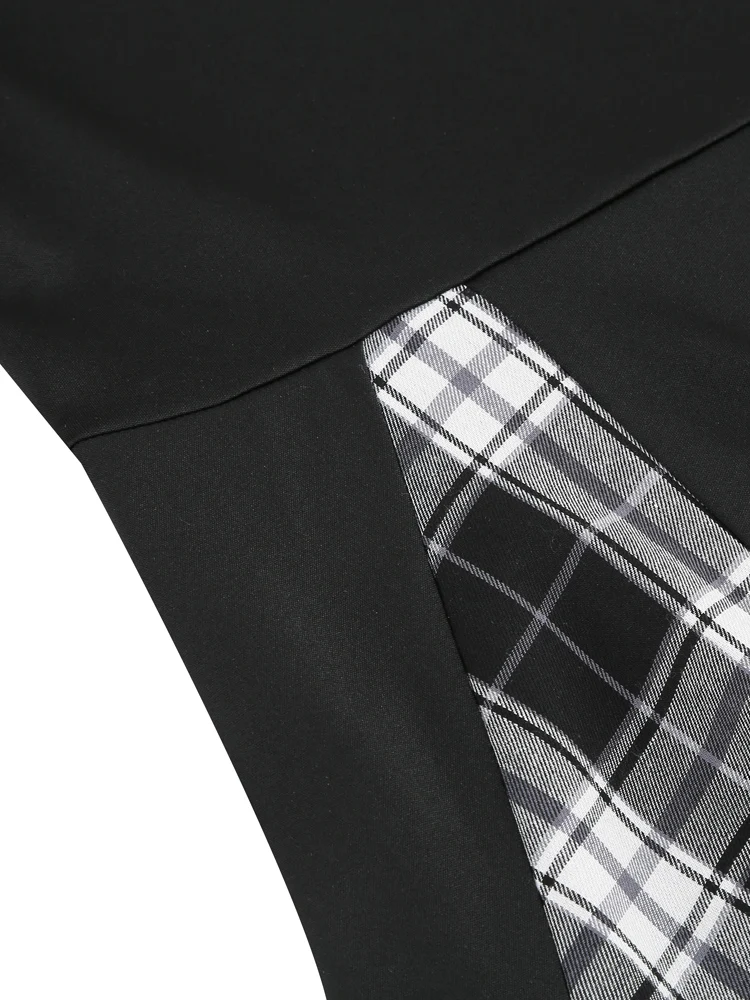 Tonval Black and Plaid One Shoulder Elegant Party Women Dresses Autumn Clothes 2023 Long Sleeve Evening Vintage Midi Swing Dress