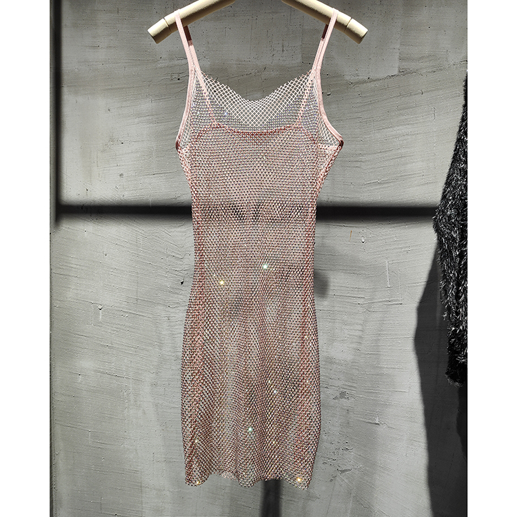 Bungee Sexy Slim Slim Women's 2024 Summer New Bright Diamond Crystal Temperament Bag Hip Sling Mid-length Dress Fashion Trend