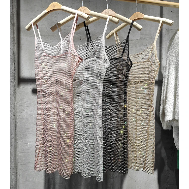 Bungee Sexy Slim Slim Women's 2024 Summer New Bright Diamond Crystal Temperament Bag Hip Sling Mid-length Dress Fashion Trend