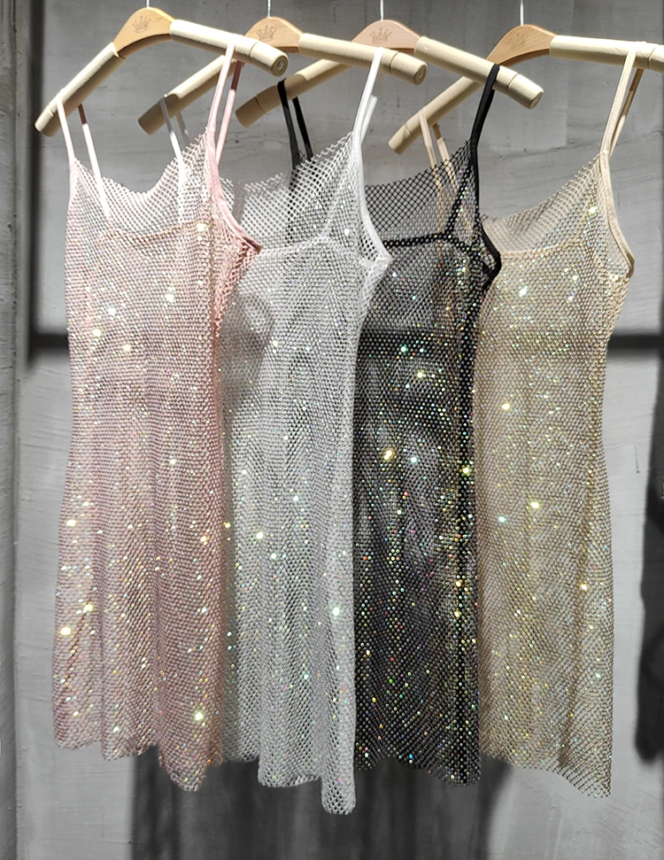 Bungee Sexy Slim Slim Women's 2024 Summer New Bright Diamond Crystal Temperament Bag Hip Sling Mid-length Dress Fashion Trend